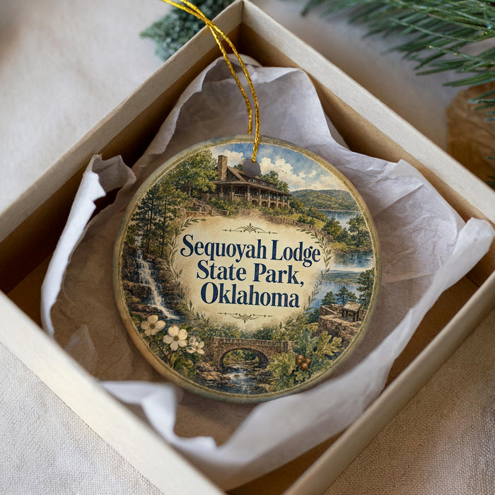 A decorative ornament in a box, featuring a scenic landscape with a lodge and a waterfall.