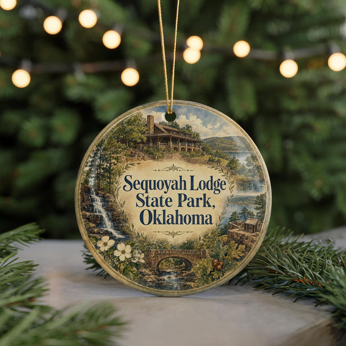 A round ornament with a scenic image of Sequoyah Lodge, State Park, and Oklahoma, surrounded by greenery and twinkling lights.