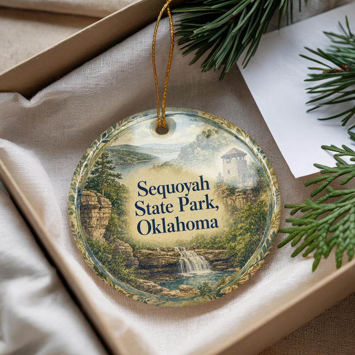 A decorative ornament with a scenic image of Sequoyah State Park, Oklahoma, hanging from a string.