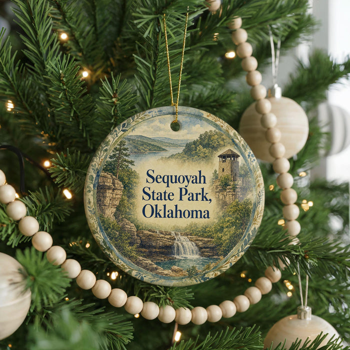 A round ornament hanging on a Christmas tree, featuring a scenic image of Sequoyah State Park, Oklahoma.