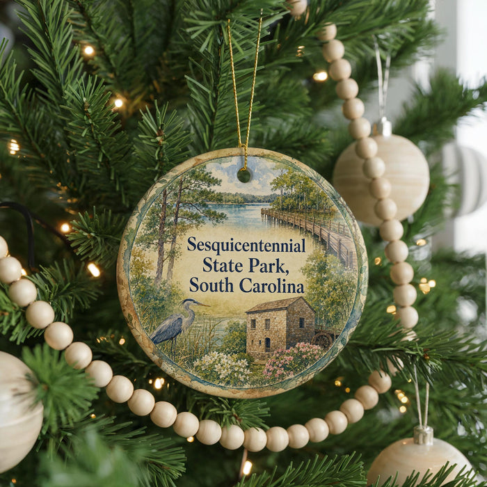 A round ornament hanging on a Christmas tree, featuring a scenic image of Sesquicentennial State Park, South Carolina.