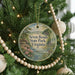 A round ornament on a Christmas tree, featuring a scenic landscape with a river and mountains, with the text "Seven Bends State Park, Virginia" displayed on it.