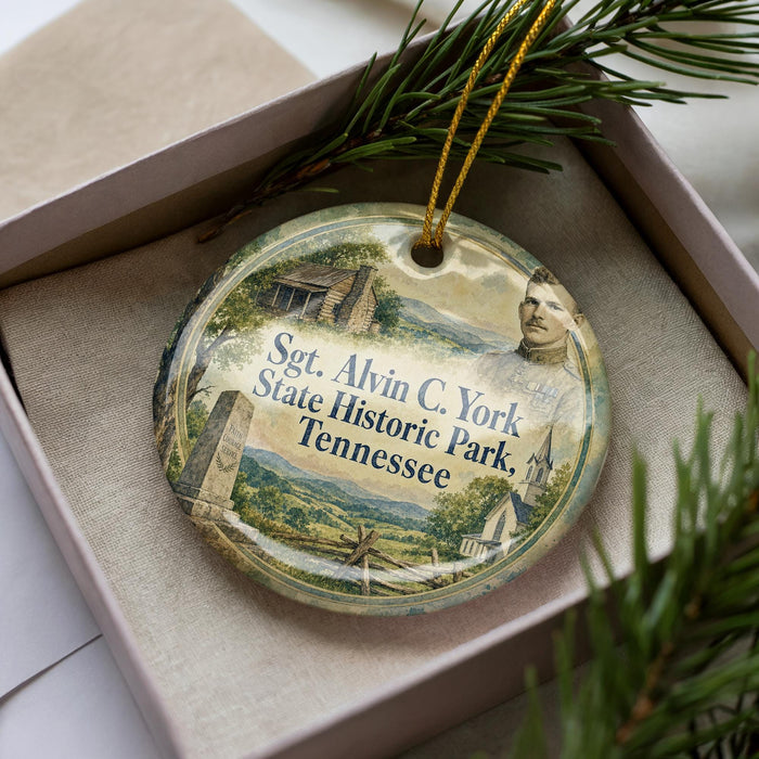 A circular ornament with a picture of a man and text, placed in a box with pine branches.