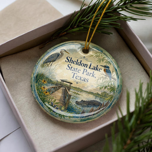 A decorative ornament in a box, featuring illustrations of a lake, a dock, and various wildlife, including a bird and a crocodile.
