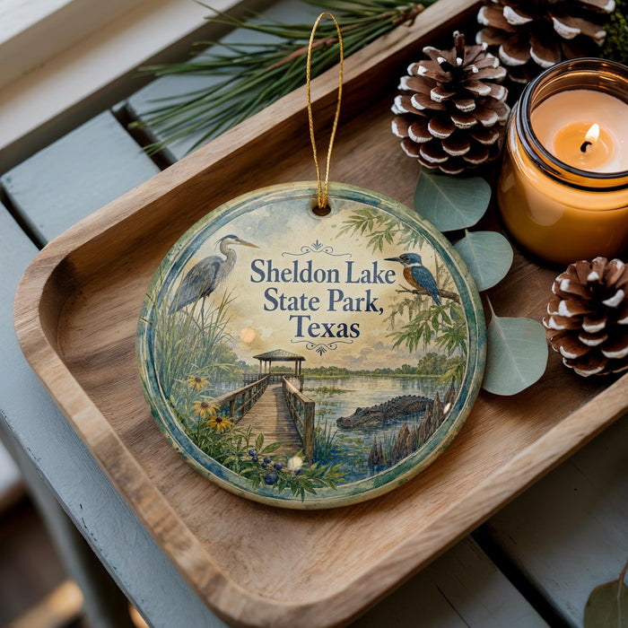 A decorative ornament featuring a serene lake scene with a bird, surrounded by pine cones and a lit candle on a wooden tray.