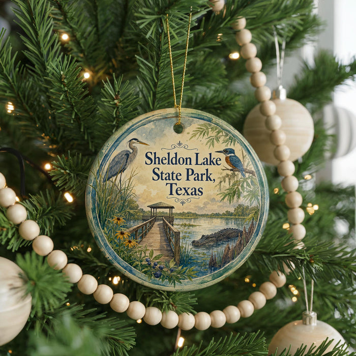 A round ornament hanging on a Christmas tree, featuring a scenic image of Sheldon Lake State Park, Texas.