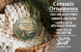 Ceramic ornaments, including a round ornament with a scenic image of Sheldon Lake State Park, Texas, are displayed in a woven basket.