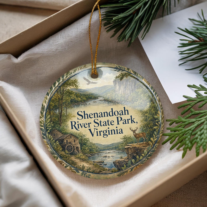 A decorative ornament with a scenic landscape of Shenandoah River State Park, Virginia, featuring a deer, a house, and a river.