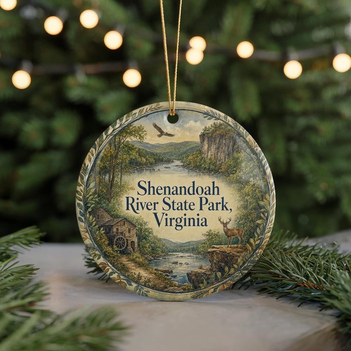 A round ornament with a scenic landscape of Shenandoah River State Park, Virginia, featuring a river, mountains, and wildlife.