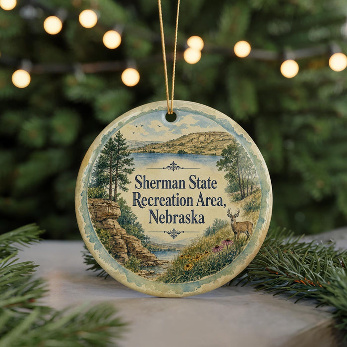 A round ornament with a scenic landscape of a lake, mountains, and trees, featuring a deer in the foreground.