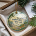 A decorative ornament with a scenic view of Shirley Chisholm State Park in New York, featuring a park bench, a lamppost, and a city skyline.