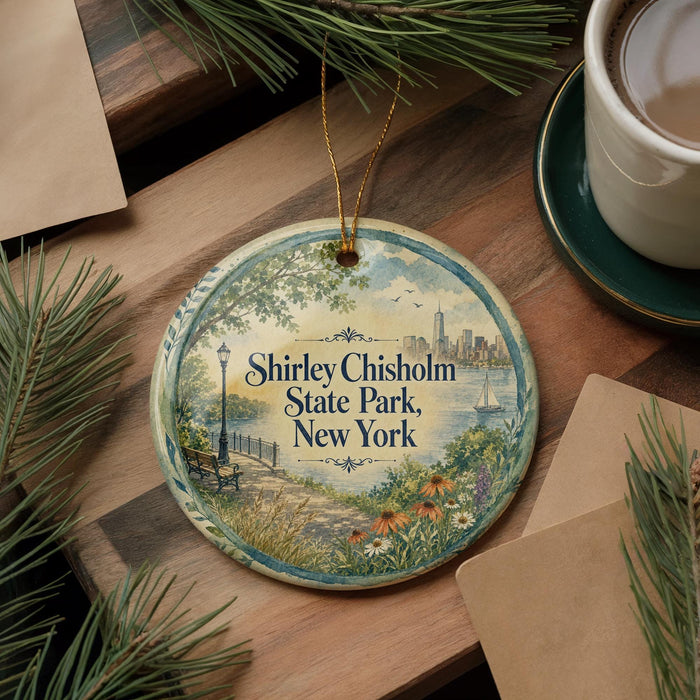 A decorative ornament with a scenic view of Shirley Chisholm State Park in New York, featuring a park bench, flowers, and a city skyline.