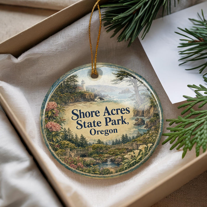 A round ornament with a scenic landscape of a park, featuring a lighthouse, trees, and a bridge, is displayed in a box with pine branches.