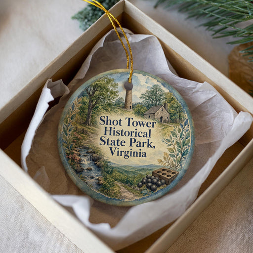 A decorative ornament in a box, featuring a scenic landscape with a tower and a waterfall, with the text "Shot Tower Historical State Park, Virginia" printed on it.