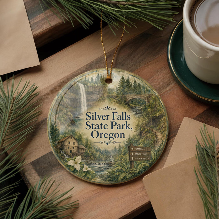 A round ornament with a scenic image of Silver Falls State Park, Oregon, featuring a waterfall, forest, and a sign indicating the location.