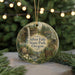 A round ornament with a scenic image of Silver Falls State Park, Oregon, featuring a waterfall, forest, and a sign indicating the direction to the waterfalls and the old growth forest.