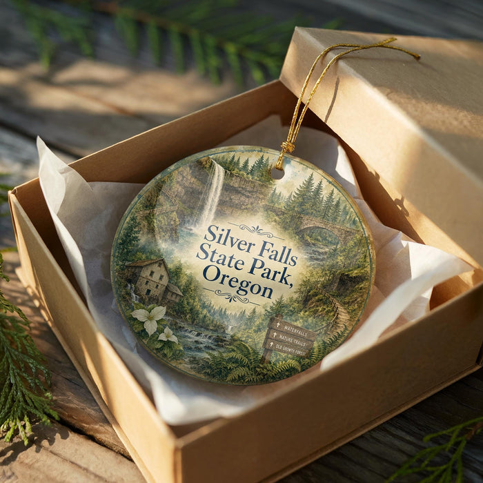 A decorative ornament in a wooden box, featuring a scenic landscape with a waterfall, trees, and a house.