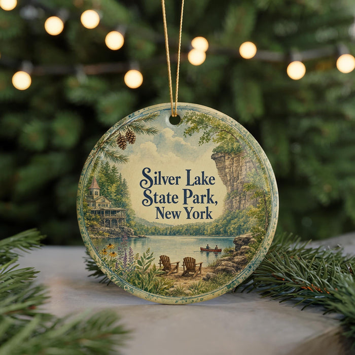 A round ornament with a scenic image of Silver Lake State Park, New York, featuring a lake, mountains, and a cabin.