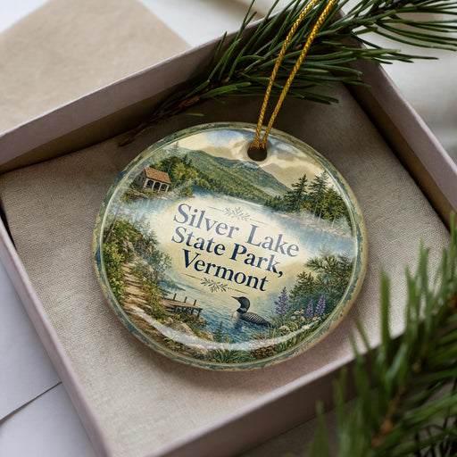 A decorative ornament in a box, featuring a scenic landscape with a lake, mountains, and pine trees.