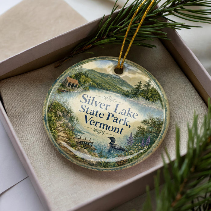 A decorative ornament in a box, featuring a scenic landscape with a lake, mountains, and pine trees.
