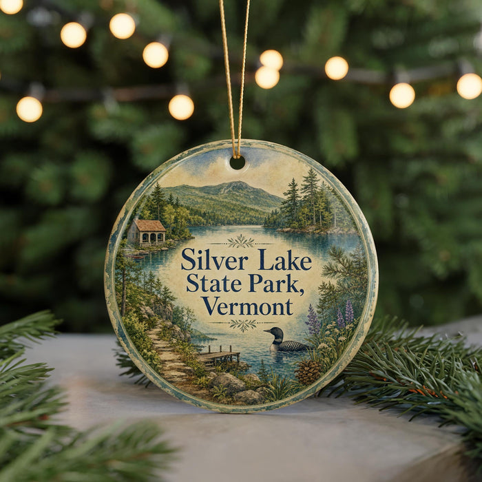 A round ornament with a scenic image of Silver Lake State Park, Vermont, featuring a lake, mountains, and a duck.