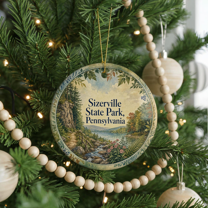 A round ornament hanging on a Christmas tree, featuring a scenic landscape with a river and mountains.