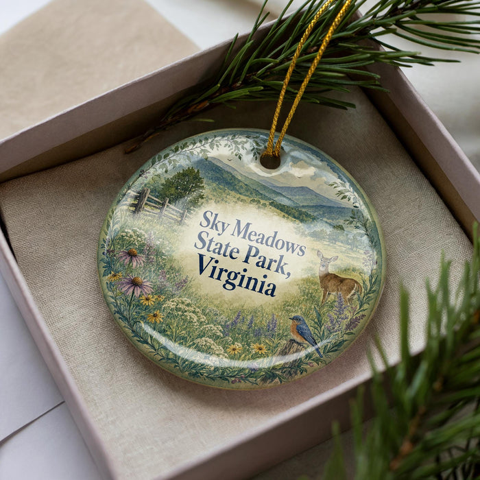 A decorative ornament in a box, featuring a scenic landscape with mountains, trees, and wildlife, including a deer and a bird.