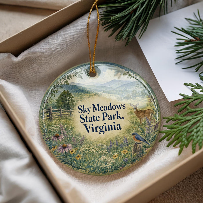 A decorative ornament with a nature scene, featuring a deer, flowers, and a bird, is displayed in a box with pine branches.