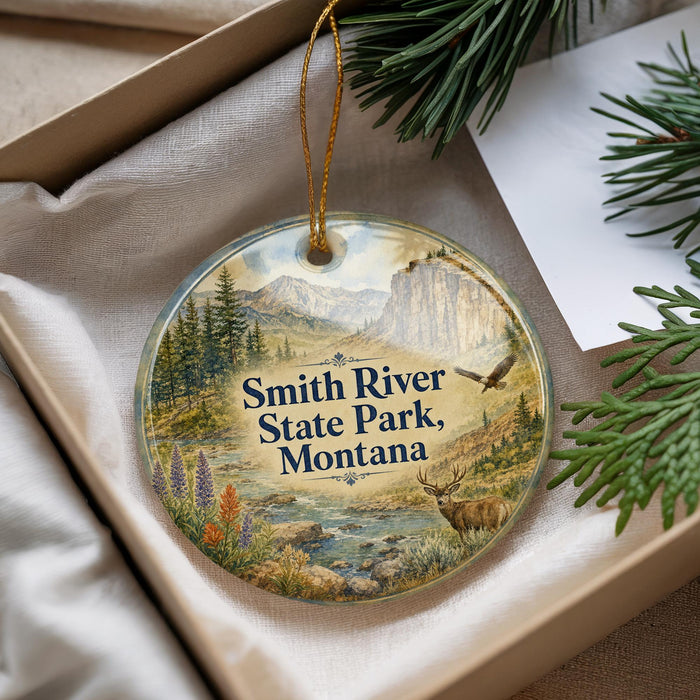 A decorative ornament with a scenic landscape of Smith River State Park, Montana, featuring a river, mountains, and wildlife.