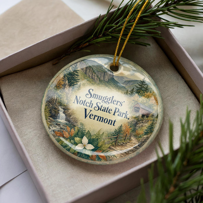 A decorative ornament in a box, featuring a scenic landscape with mountains, pine trees, and a waterfall.