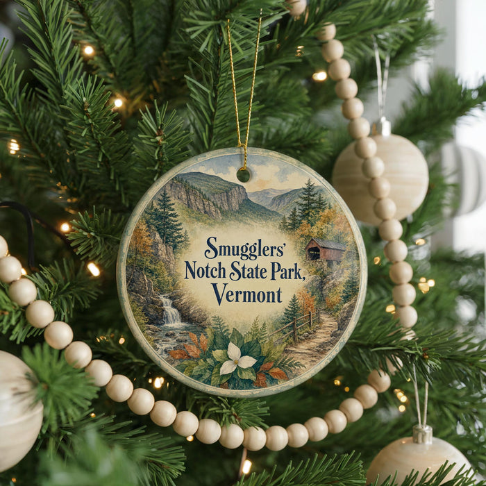 A round ornament hanging on a Christmas tree, featuring a scenic landscape with mountains, a waterfall, and a cabin in the distance.