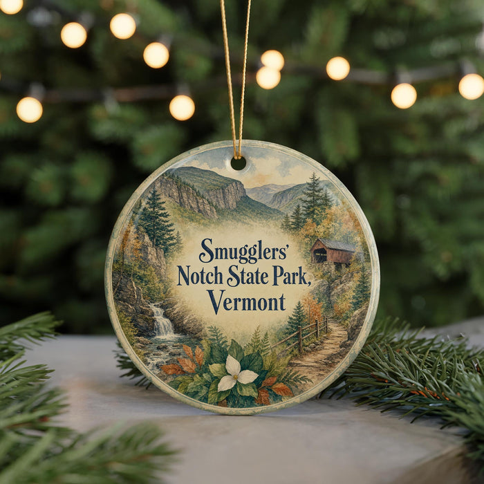 A round ornament with a scenic mountain landscape and a cabin, featuring the text "Smugglers' Notch State Park, Vermont" on it.