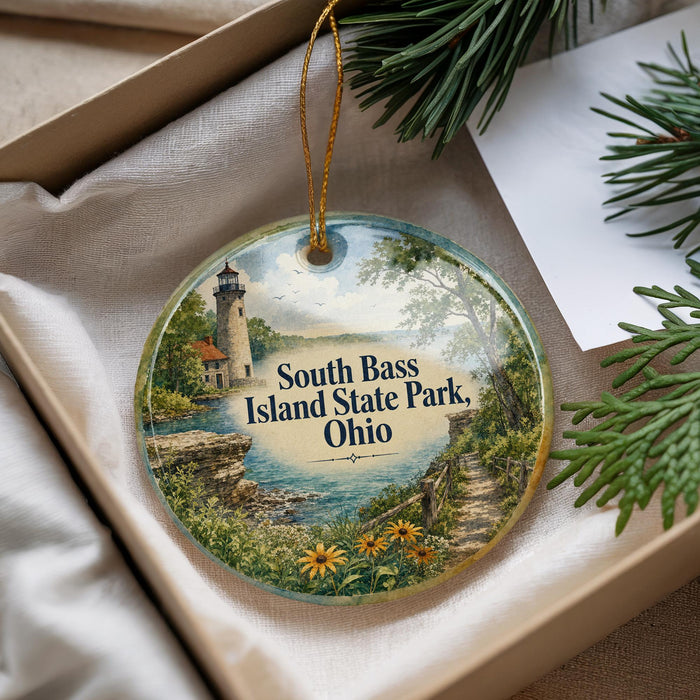 A decorative ornament with a lighthouse and a scenic landscape, featuring the text "South Bass Island State Park, Ohio" on it.