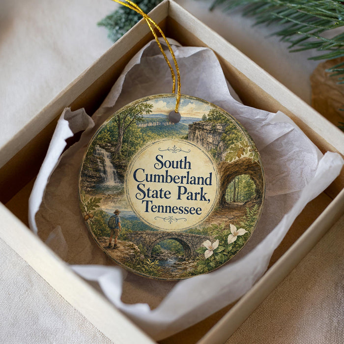 A decorative ornament in a box, featuring a scenic landscape with a waterfall, a person walking, and flowers.