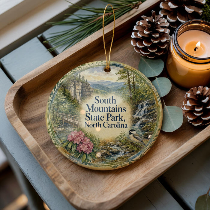 A decorative ornament featuring a scenic landscape of South Mountains State Park, North Carolina, with pine cones, a candle, and greenery on a wooden tray.