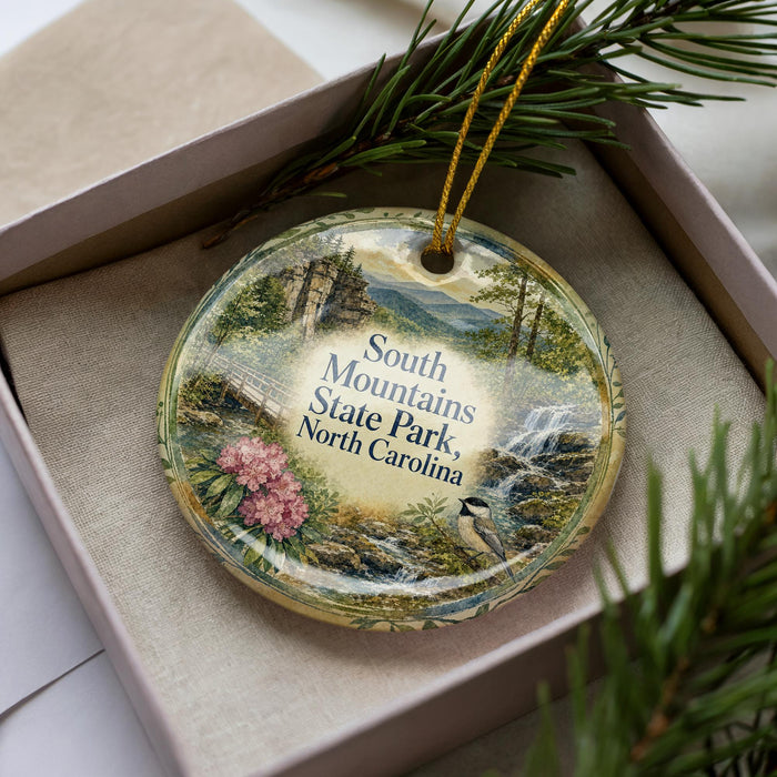 A decorative ornament in a box, featuring a scenic landscape with mountains, trees, and a bird, along with the text "South Mountains State Park, North Carolina".