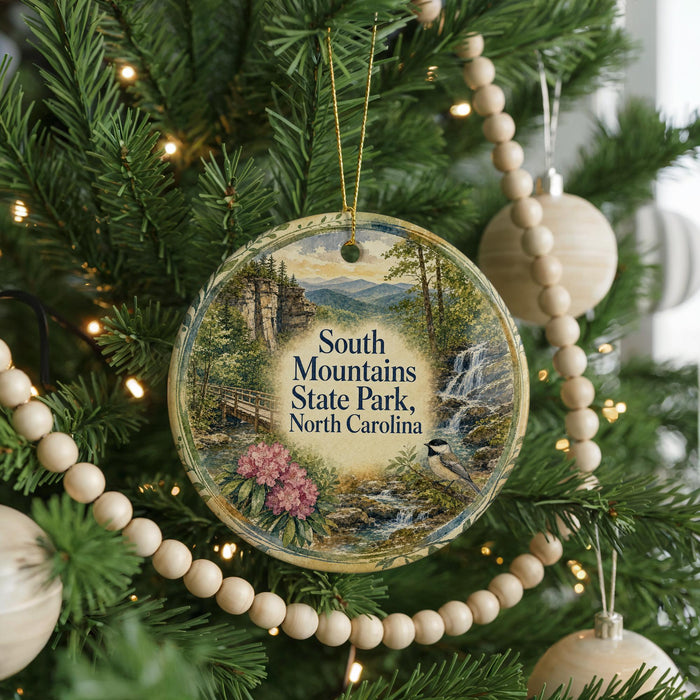 A round ornament hanging on a Christmas tree, featuring a scenic landscape with mountains, a waterfall, and a bird.