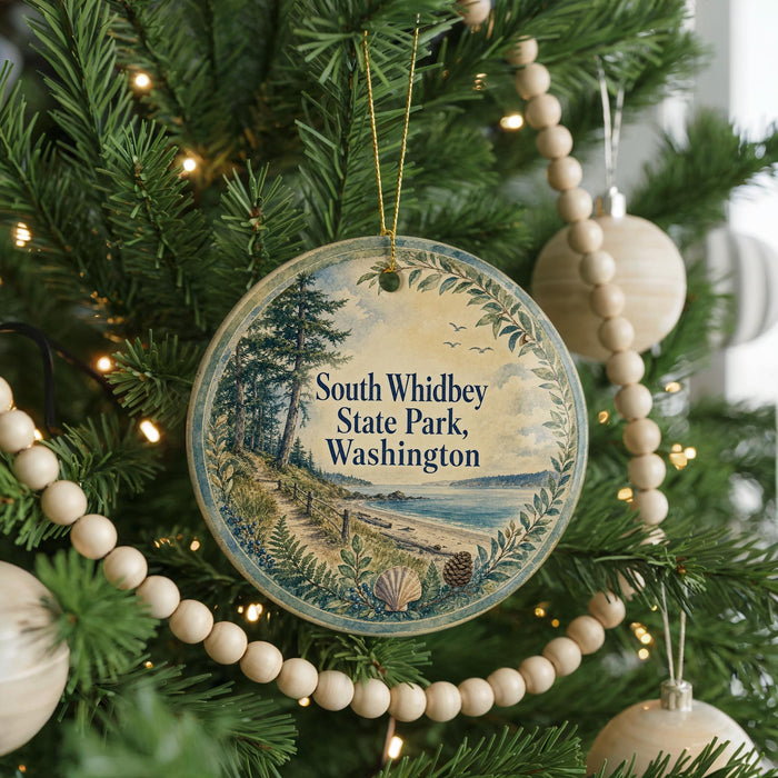 A round ornament hanging on a Christmas tree, featuring a scenic landscape with a beach and mountains.