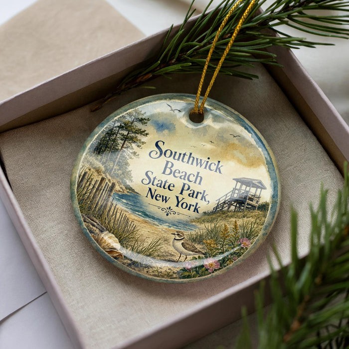 A decorative ornament in a box, featuring a scenic image of Southwick Beach, State Park, and New York.