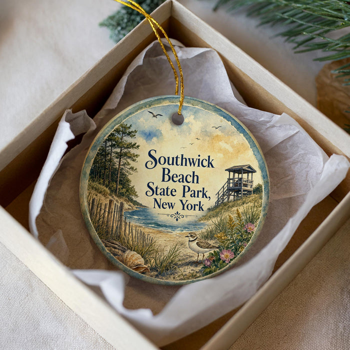A round ornament with a beach scene and a lifeguard tower, placed in a box with a white tissue paper lining.