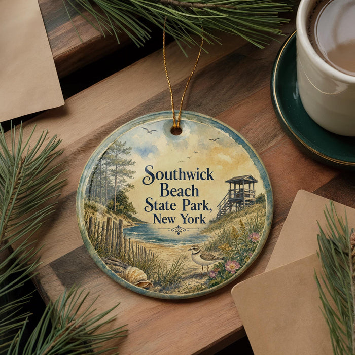 A round ornament with a scenic image of Southwick Beach State Park in New York, featuring a bird, pine trees, and a lighthouse.