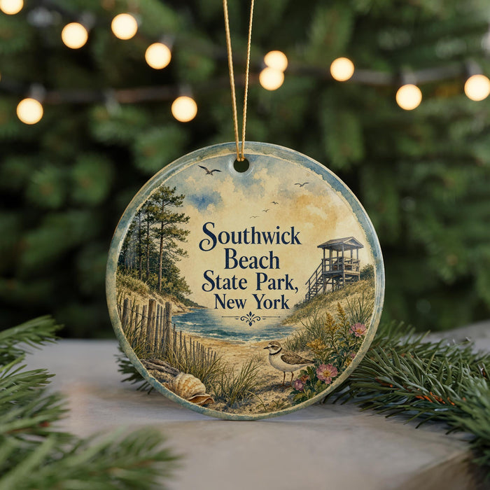 A round ornament with a beach scene and a lifeguard tower, featuring the text "Southwick Beach State Park, New York".