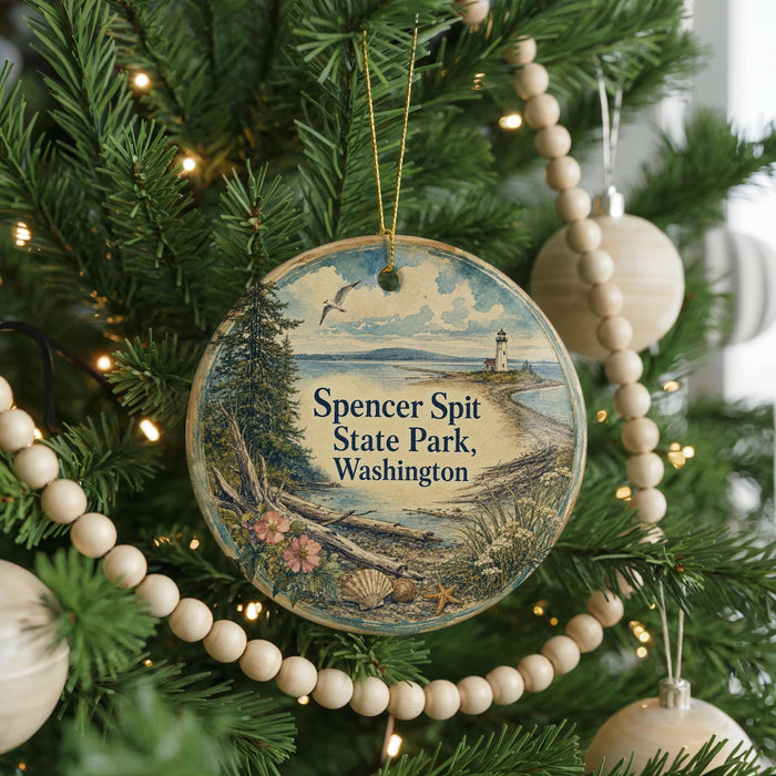 A round ornament hanging on a Christmas tree, featuring a scenic landscape with a lighthouse and a beach.