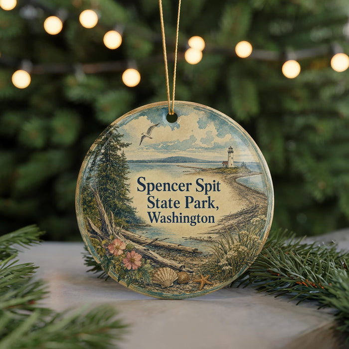 A round ornament with a scenic landscape featuring a lighthouse, beach, and trees, with the text "Spenser Spit State Park, Washington" displayed on it.