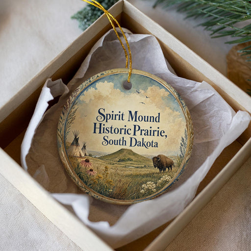 A decorative ornament in a white box, featuring a landscape with a bison and a mountain in the background, along with the text "Spirit Mound Historic Prairie, South Dakota".