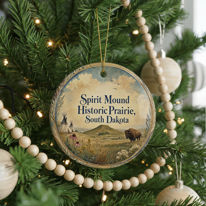 A Christmas tree ornament with a picture of a buffalo and a Native American teepee, surrounded by Christmas lights and ornaments.