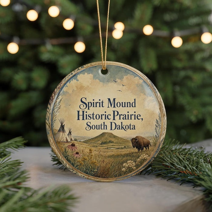 A circular ornament with a picture of a bison in a field, surrounded by pine branches and a string of lights in the background.