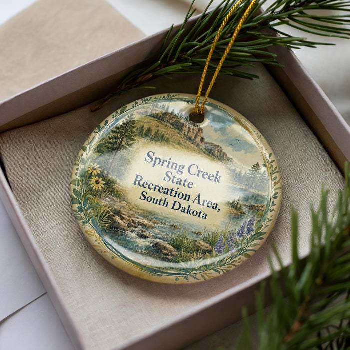 A decorative ornament in a box, featuring a scenic landscape with a river and mountains.