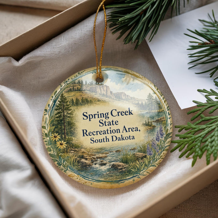 A decorative ornament with a scenic landscape of a river, mountains, and pine trees, hanging from a string.