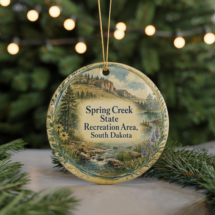A round ornament with a scenic landscape of a mountain, river, and pine trees, hanging from a string.